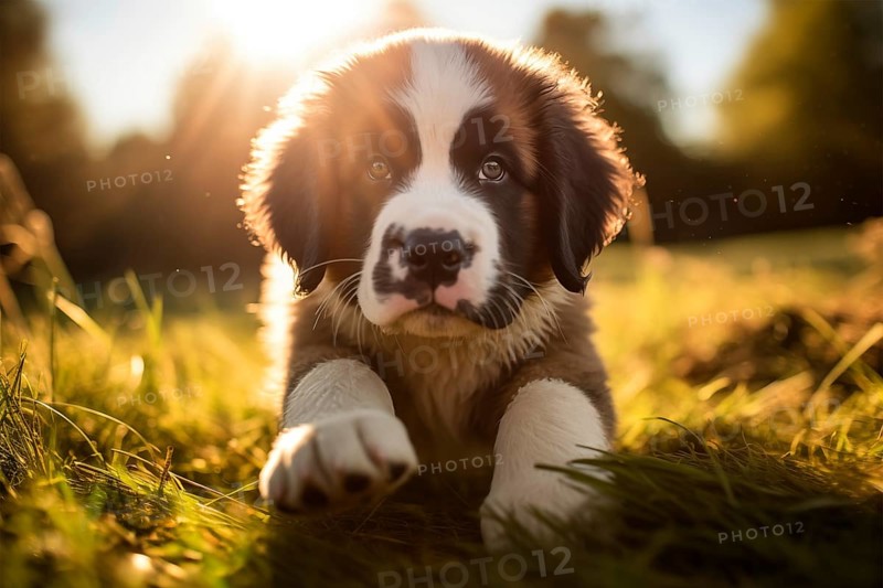 A curious cute Saint Bernard puppy with expressive eyes and floppy ears, exploring the outdoors on a sunny day, AI generated