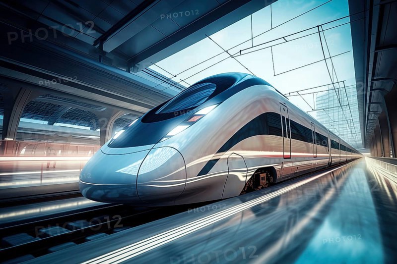 Modern high speed train in a futuristic train station. Modern transportation technology, speed, travel concepts. Railroad with motion blur effect, AI generated