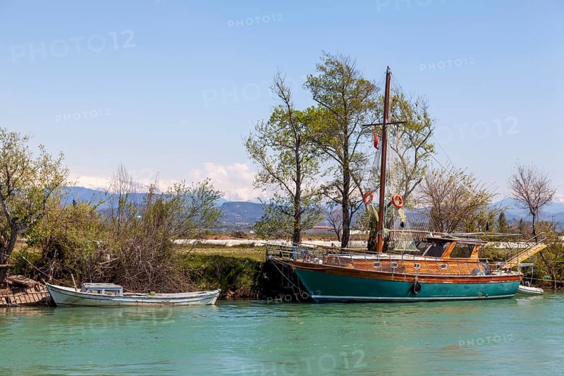 Boats anchored on the shores of Manavgat, Turkey, Asia