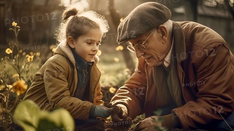Elderly grandfather planting some spring plants with his granddaughter in the garden, generative AI, AI generated