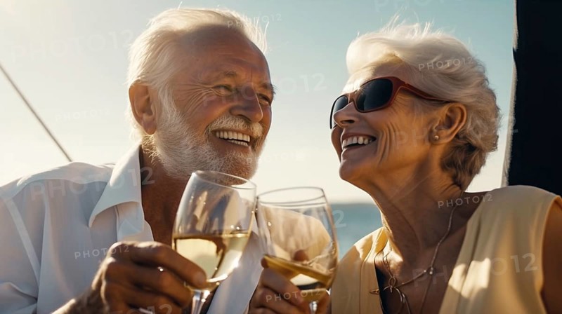 Senior caucasian couple enjoying drinks on the deck of their yacht in the ocean, generatvie AI, AI generated