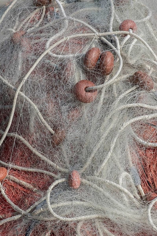 Fishing nets with ropes and floats, harbour, Santa Maria di Leuca, Apulia, Southern Italy, Italy, Europe