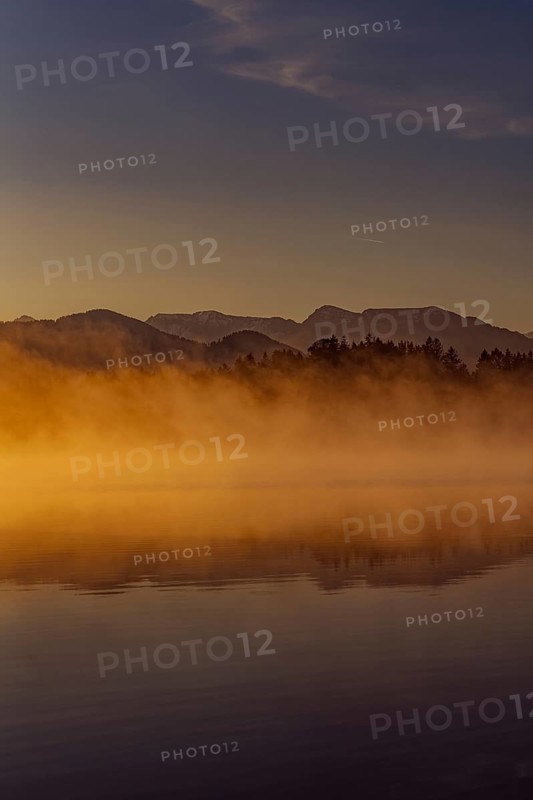Autumnal morning atmosphere at Schmutter Weiher with fog near Lechbruck, Halblech and Roßhaupten in Allgäu, Bavaria, Germany, Europe