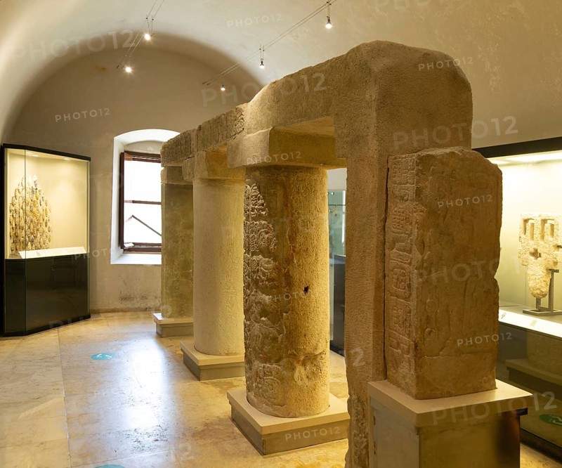 Inscribed cyndrical stone columns, Mayan archaeological museum, Fort San Jose, Campeche, Mexico, Central America