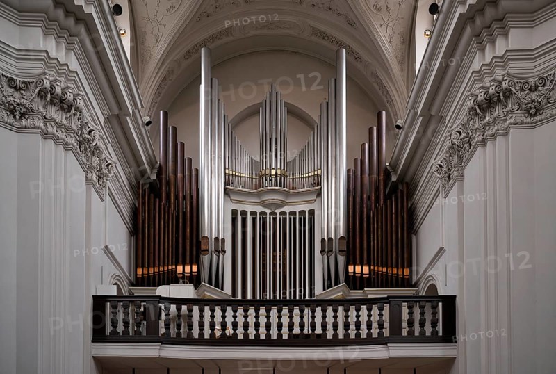 Interior photograph of Klais organ, Neumünster parish church, Würzburg, Lower Franconia, Bavaria, Germany, Europe