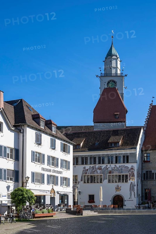 The Hofstatt, central market square with the cathedral tower in the old town centre of Überlingen on Lake Constance, Lake Constance district, Baden-Württemberg, Germany, Europe