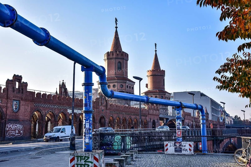 The Oberbaum Bridge over the Spree in Berlin-Friedrichshain, in the foreground, pipework for drainage, Berlin, Germany, Europe