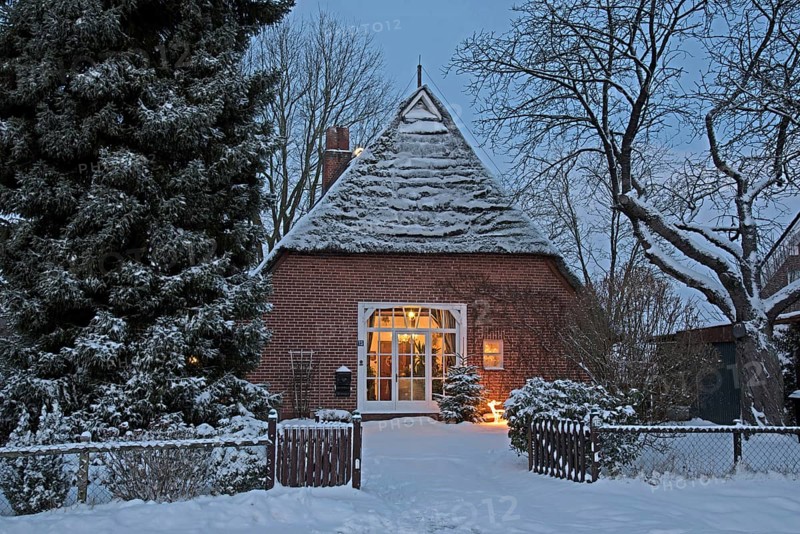 Europe Germany Lower Saxony Krs Stade, snow, thatched house in winter, Christmas time, view into living room, Federal Republic of Germany