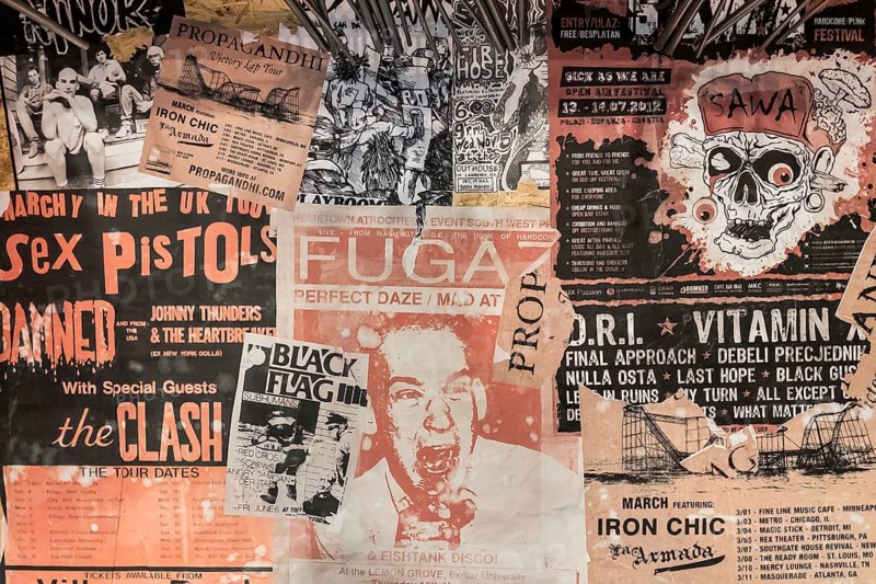 Old posters of various punk rock bands, music, history, culture, vintage, retro, design, texture, background