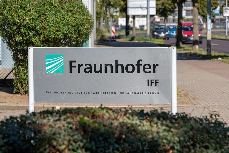 Sign with the inscription Fraunhofer IFF at the entrance to the Fraunhofer Institute for Factory Operation and Automation, Magdeburg, Saxony-Anhalt, Germany, Europe