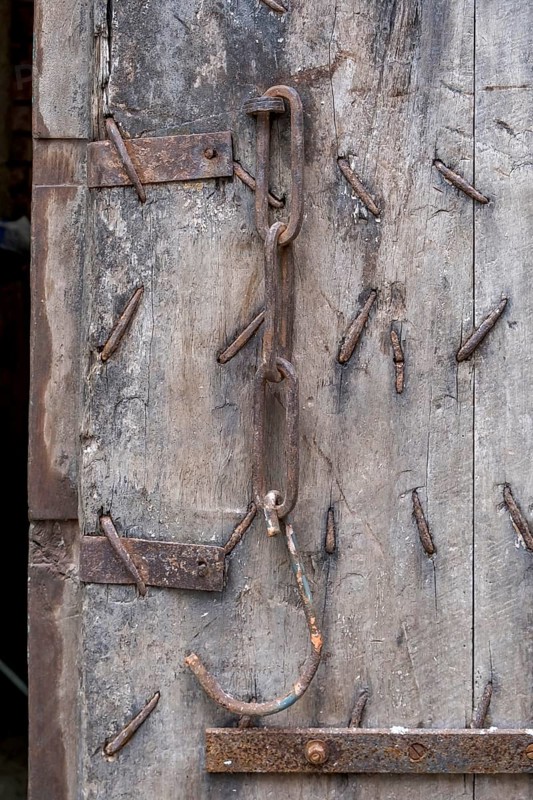 Old wooden door with iron fittings, North Rhine-Westphalia, Germany, Europe