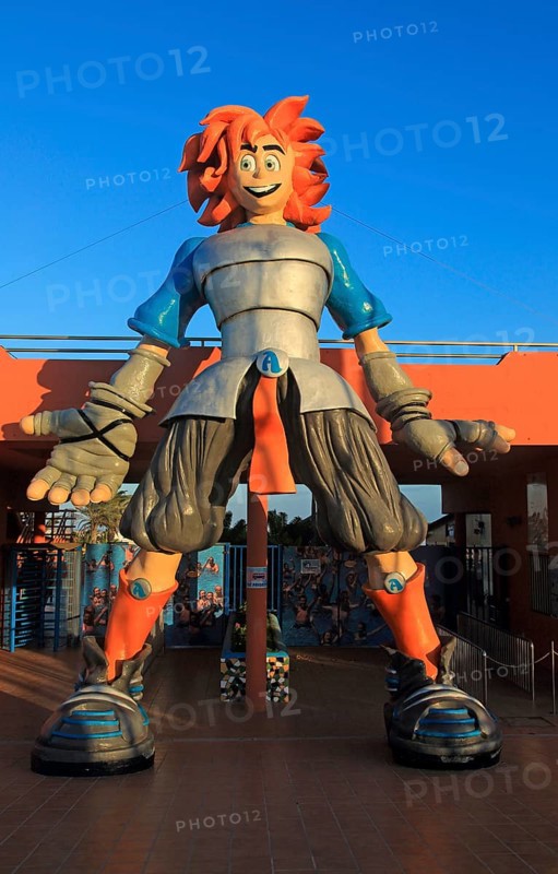 Cartoon figure at entrance to Acua Water Park, Corralejo, Fuerteventura, Canary Islands, Spain, Europe