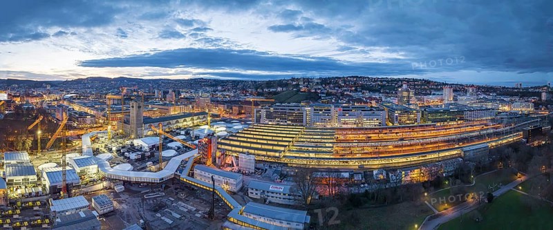 Main station, construction site Stuttgart 21, here the new through station is being built, on the right the current platforms of the terminus station, above the European quarter, night view, aerial view, panoramic photo, Stuttgart, Baden-Württemberg, Germany, Europe