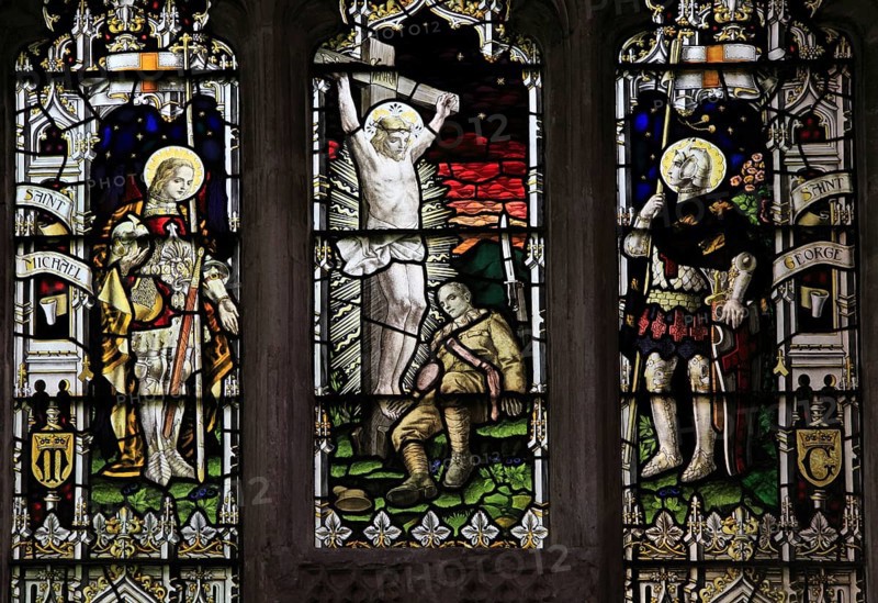 First world war memorial stained glass window, Church of Saint Mary, Mendlesham, Suffolk, England, UK