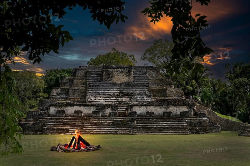 Campfire in front of pyramid Altun Belize Central America Fire Via KI