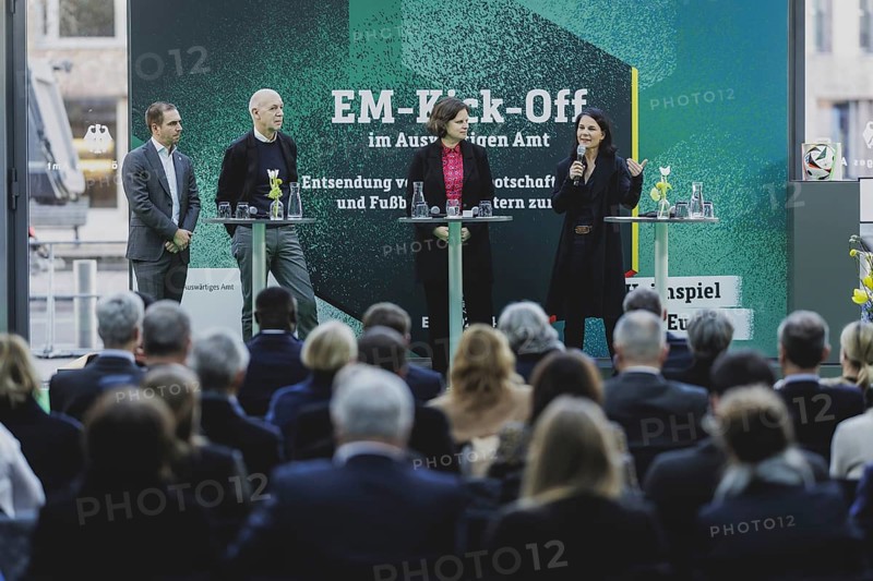 (L-R) Philipp Lahm, former professional footballer and European Championship ambassador, Bernd Neuendorf, President of the DFB, Juliane Seifert and Annalena Bärbock (Bündnis 90/Die Grünen), Federal Foreign Minister, photographed at the kick-off event for the European Football Championship in Berlin, 1 February 2024 / Photographed on behalf of the Federal Foreign Office
