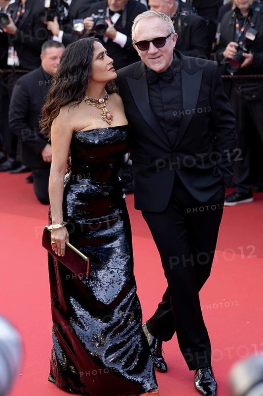 Cannes, France, 18.5.2024: Salma Hayek and Francois-Henri Pinault at the premiere of Emilia Perez on the red carpet of the Palais des Festivals during the 77th Cannes International Film Festival. The 77th Cannes International Film Festival will take place from 14 to 25 May 2024, Europe