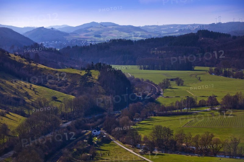View from the Calvary into the Lower Diemel Valley, Marsberg, Sauerland, North Rhine-Westphalia, Germany, Europe