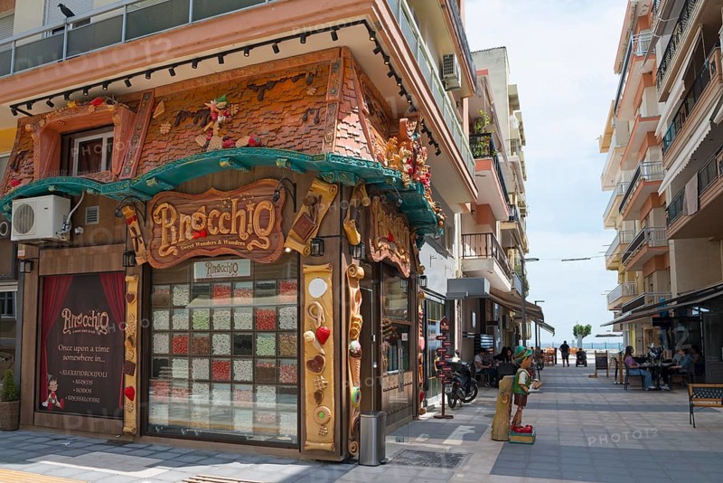 Exterior view of a shop with a unique fairy-tale style façade on a street, shop with sweets, Pinoccio, Alexandroupoli, Alexandroupolis, Evros, Eastern Macedonia and Thrace, Greece, Europe