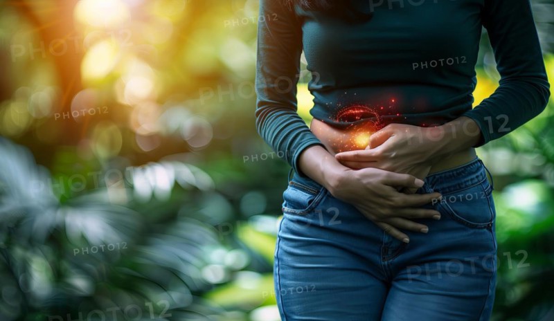 A woman is holding her stomach, stomach pain during menstruation or constipation or other illness, AI generated