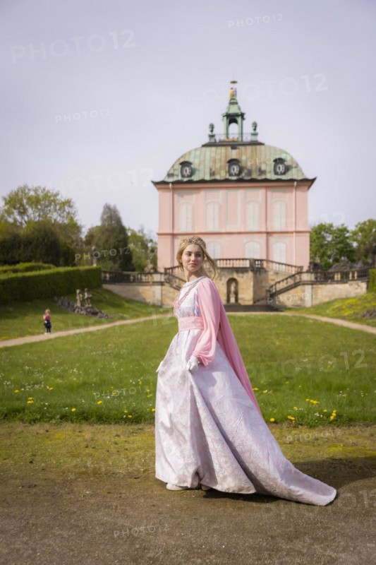Cinderella can also be seen around Moritzburg Castle in spring. Model Tamara Kretschmer once again slipped into the coveted role of the legendary Cinderella with the ball gown, Moritzburg, Saxony, Germany, Europe