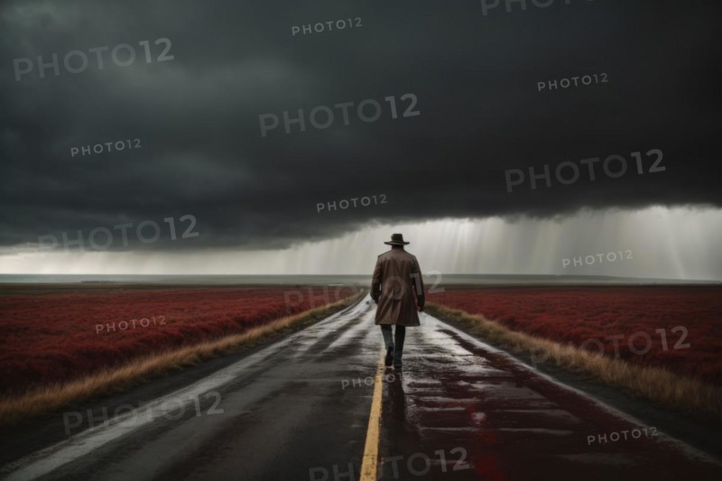 A man is walking down a road in the rain. The sky is dark and cloudy, and the man is wearing a red jacket. Scene is somber and melancholic, as the man walks alone in the rain, AI generated