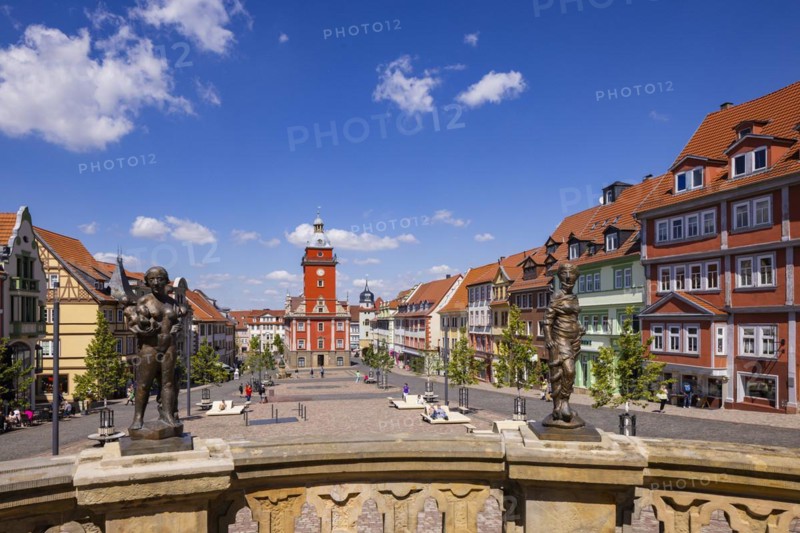 Water art and town hall tower, Gotha, Thuringia, Germany, Europe