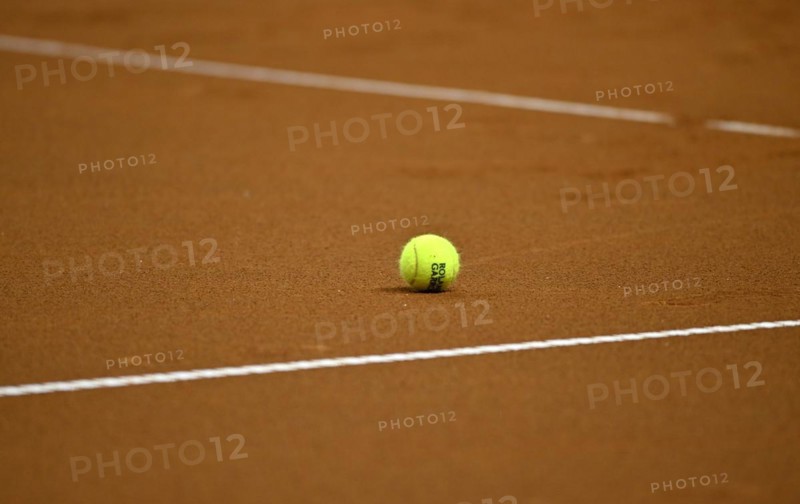 Tennis ball lying on the ground, clay, logo, Roland-Garros, tennis, Porsche Cup 2024, Porsche Arena, Stuttgart, Baden-Württemberg, Germany, Europe