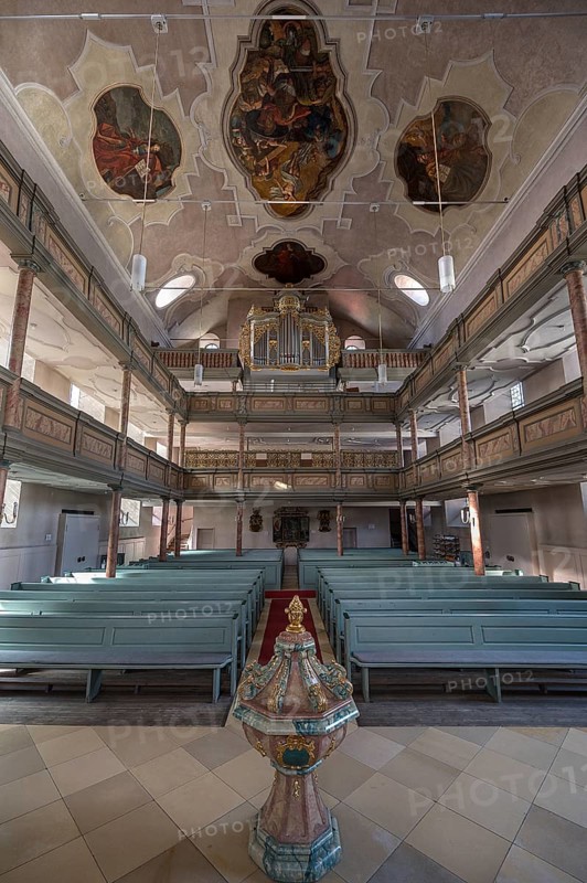 Interior of the organ loft, baptismal font in front1738 Inauguration of the baroqueised town church of St. Maria, Hersbruck, Middle Franconia, Bavaria, Germany, Europe