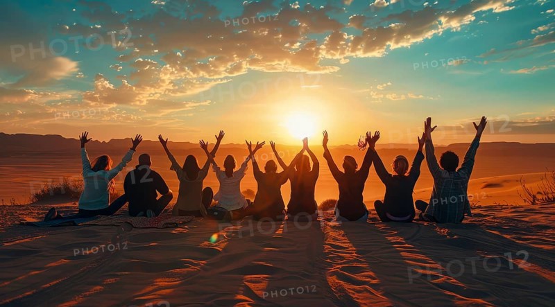 Kneeling people praying to god and Jesus in the desert. Scenic dramatic sunset, AI generated