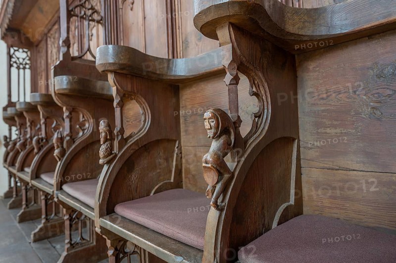 Choir stalls from around 1490 with carved small drolleries and grotesque figures on the chair backs, St Mary's Church, Kalbensteinberg, Middle Franconia, Bavaria, Germany, Europe