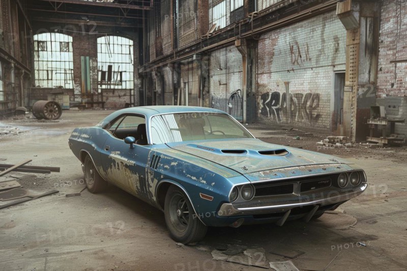 An old, weathered and dusty US-American classic car, wreck, of the type Dodge Challenger from the 70s stands in an old factory hall, symbolic image for restoration, repair, restoration of historical cultural assets, AI generated, AI generated, AI generated
