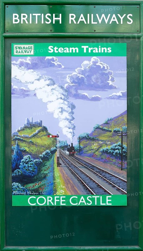Vintage British Railways rail advertising poster, Swanage railway station, Dorset, England, UK