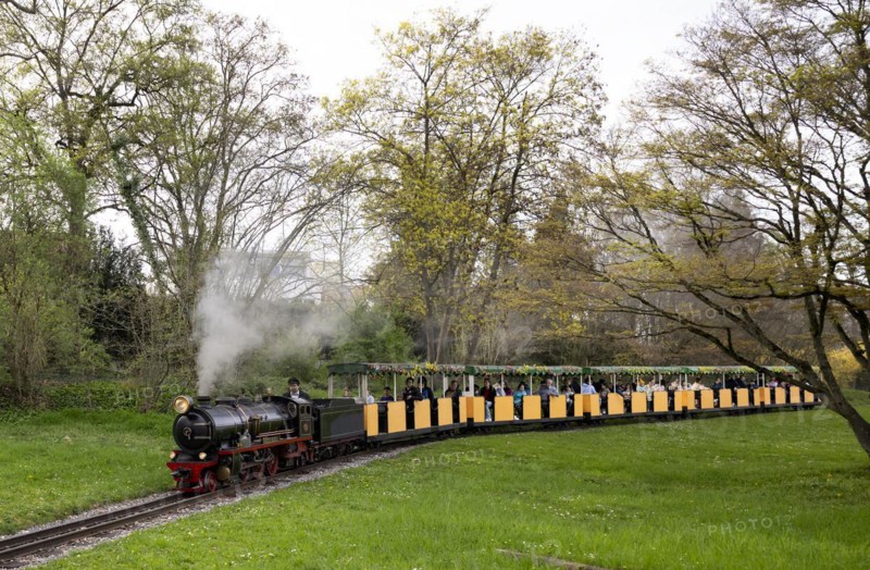 Operation with the steam locomotive SANTA MARIA, Killesbergbahn, small railway, attraction for visitors, children, Höhenpark Killesberg, Stuttgart, Baden-Württemberg, Germany, Europe