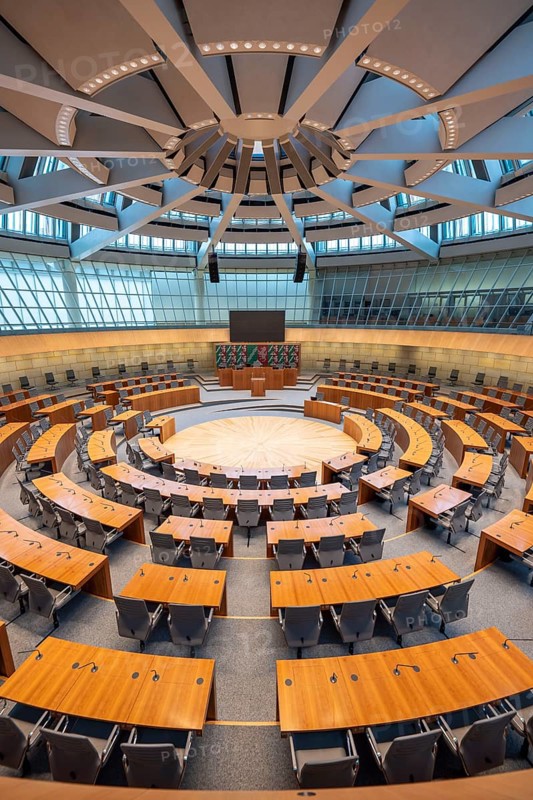 The empty plenary chamber of the North Rhine-Westphalia state parliament in Düsseldorf, North Rhine-Westphalia, Germany, Europe