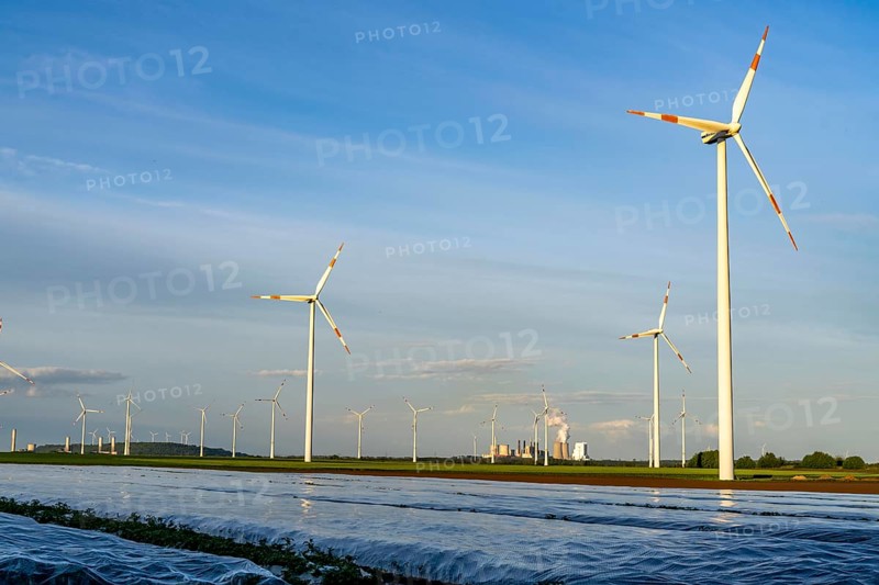 Neurath lignite-fired power station, RWE Power AG, wind farm partly owned by RWE, Grevenbroich, fields under foil, North Rhine-Westphalia, Germany, Europe