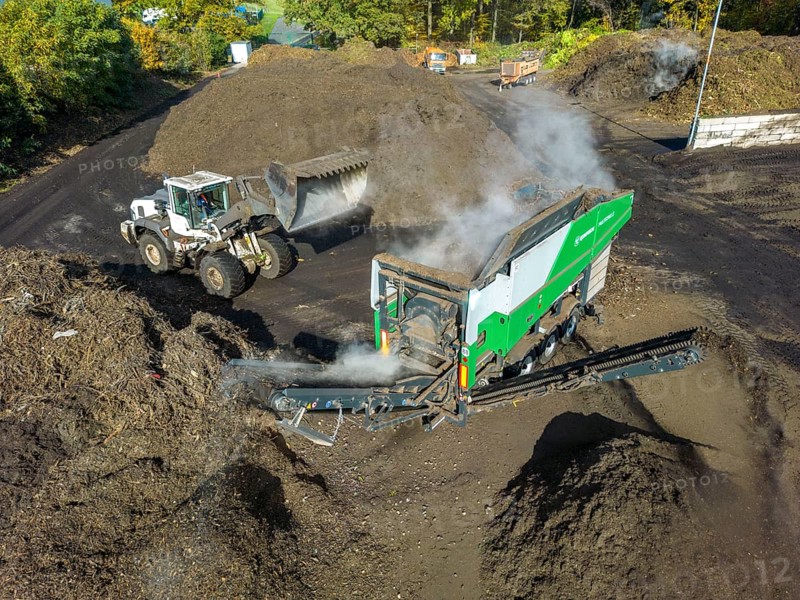 Composting plant, organic waste is composted, sorted by size, smaller parts are reused as compost, coarser parts are burnt in a biomass power plant and converted into electricity, Coesfeld, North Rhine-Westphalia, Germany, Europe