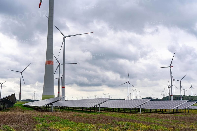 Wind farm and large-scale photovoltaic system, north-east of Bad Wünnenberg, near the village of Elisenhof, on the A44 motorway, North Rhine-Westphalia, Germany, Europe