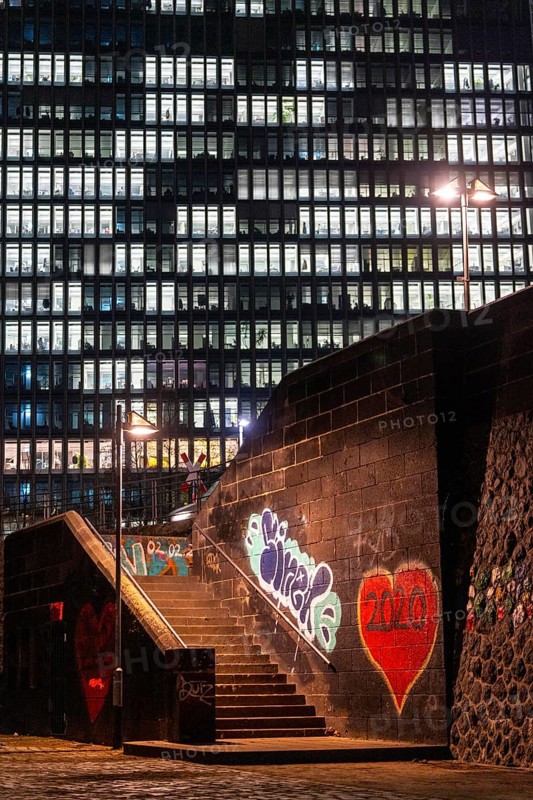 Stairs from the banks of the Main, Weseler Werft to Eyssenstraße at the building of the European Central Bank, ECB, graffiti with heart in Frankfurt am Main, illuminated windows, offices, Hesse, Germany, Europe