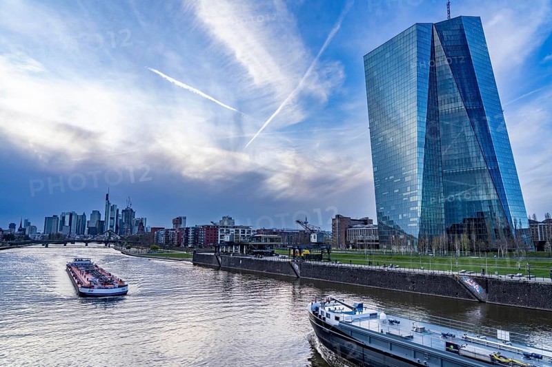 Skyline of Frankfurt am Main, skyscrapers, business and banking district in the city centre, cargo ships, tankers, on the river Main, ECB building, Hesse, Germany, Europe