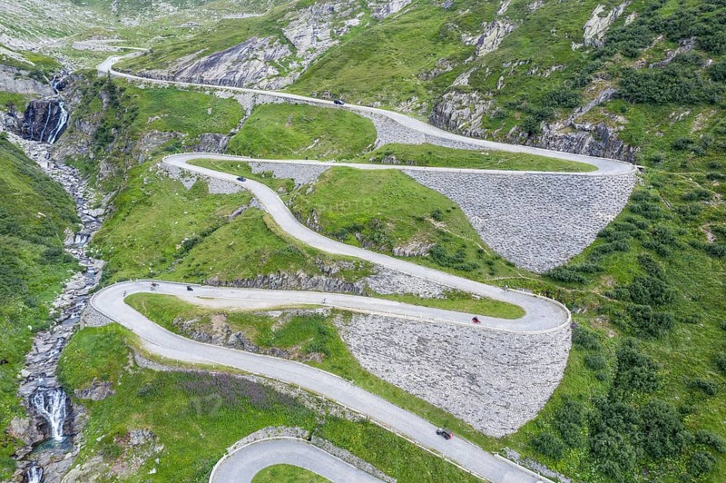 Historical road Tremola, mountain pass Sasso San Gotthardo, aerial view, Switzerland, Europe