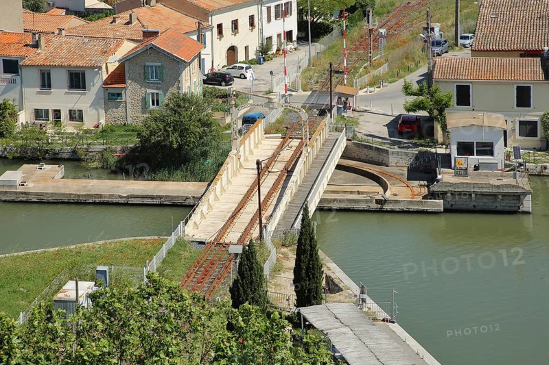 View of railway swing bridge over the Canal du Rhone a Sete, canal with swing bridge, track, railway bridge, railway, Aigues-Mortes, Gard, Camargue, Provence, France, Europe