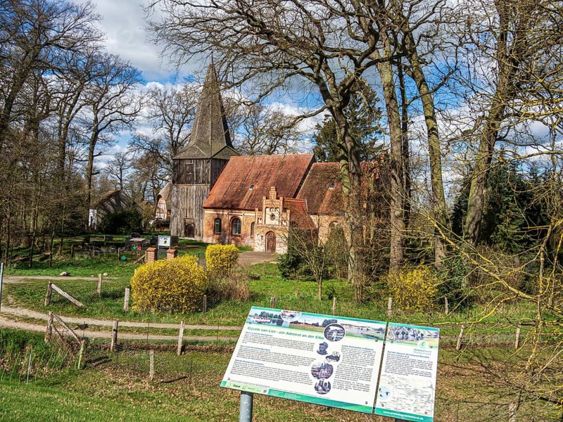 Early spring at the church of Modlich, located a the Elbe cycle route between Domitz and Lenzen, Germany, Europe
