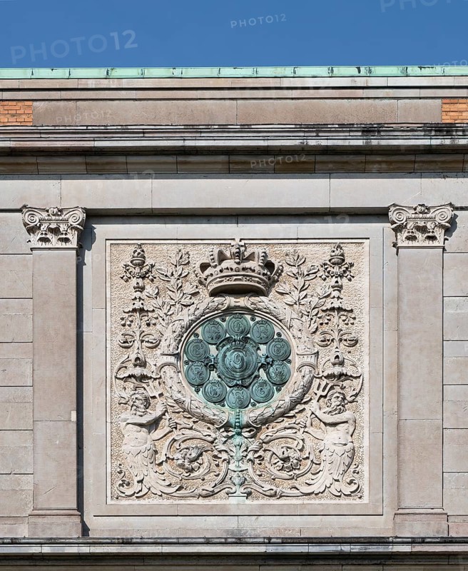 Stone relief with crown, exterior façade, State Museum of Art, Statens Museum for Kunst, SMK, National Gallery, Copenhagen, Island of Zealand, Denmark, Europe