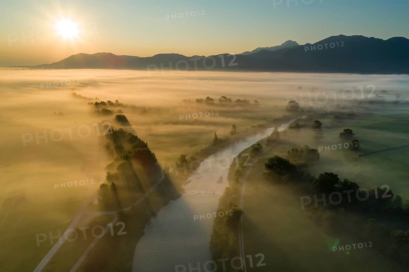 Aerial view of a river in front of mountains in the morning light, fog, autumn, Loisach, view of Benediktenwand, Alpine foothills, Upper Bavaria, Bavaria, Germany, Europe