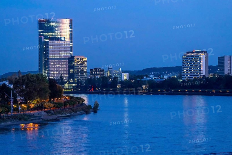 Skyline Bonn on the Rhine, in front the UNFCCC Secretariat of the Framework Convention on Climate Change, in the centre the high-rise building of the United Nations, Campus Bonn, behind it the Posttower, corporate headquarters of Deutsche Post, Rhine bank Bonn-Beuel, on the right the Bonn Marriott Hotel, North Rhine-Westphalia, Germany, Europe