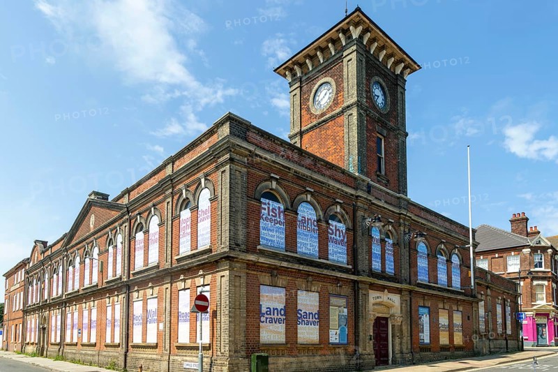Town Hall municipal building boarded up for redevelopment, Lowestoft, Suffolk, England, UK architect John Louth Clemence built 1860