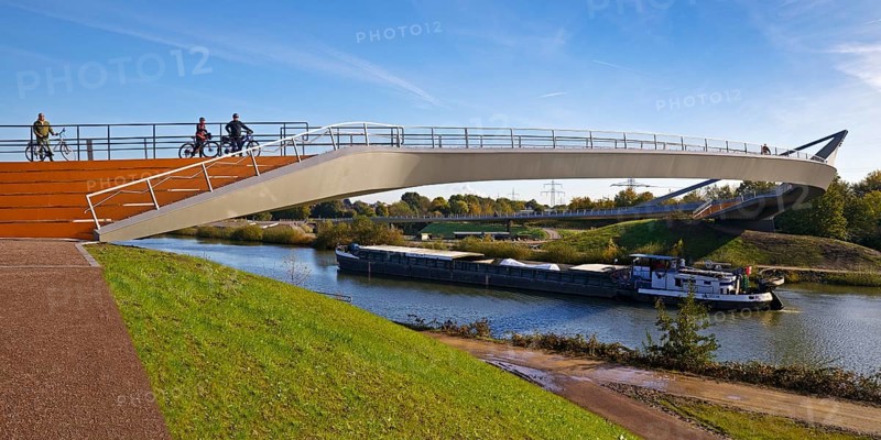 The bridge jump over the Emscher with barge on the Rhine-Herne Canal, Emscherland, Castrop-Rauxel, Ruhr area, Germany, Europe