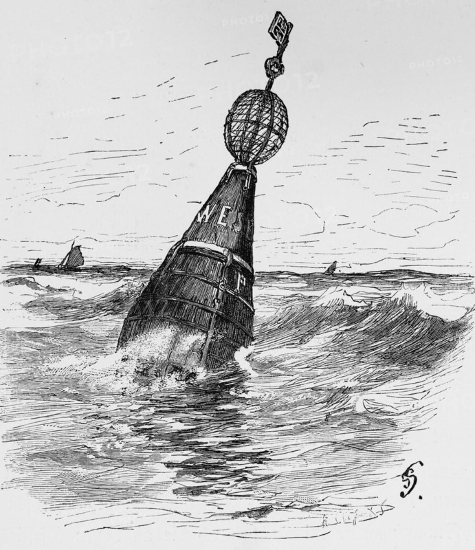 Key buoy in the Weser, inscription, buoy, anchoring, licence plate, shipping traffic, orientation, navigation channel, Germany, historical illustration 1880, Europe