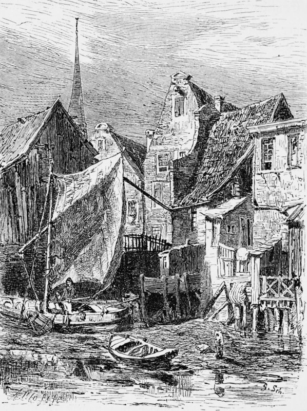 Low tide in Emden, East Frisia, Lower Saxony, tide, river bank, Ems, North Sea, buildings, boats, sails, Germany, historical illustration 1880, Europe